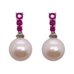 Ruby Pearl Drop Earrings, Pearls and Rubies Great Pairing as Dangle Earrings 14k