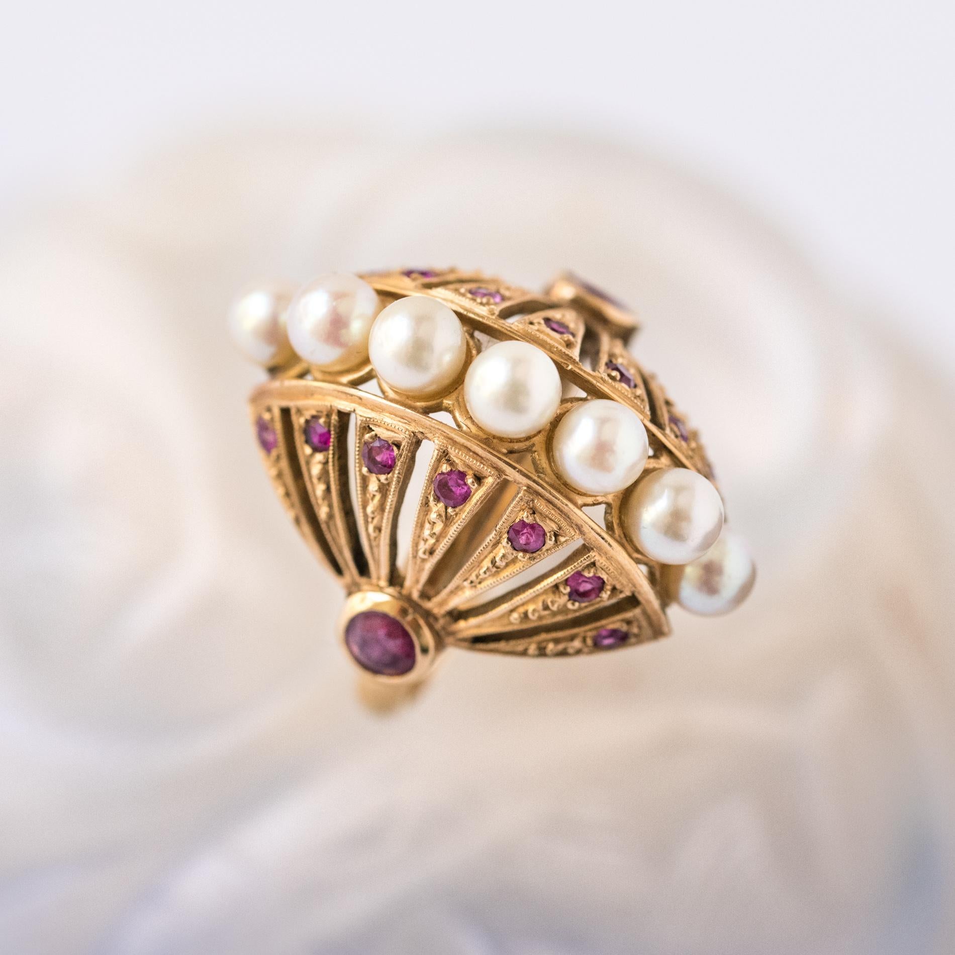 Women's Ruby Pearl Gold Domed Ring