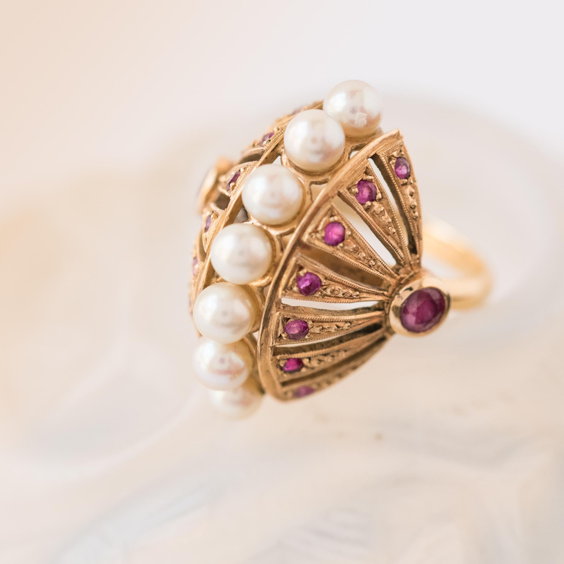 Ruby Pearl Gold Domed Ring 5