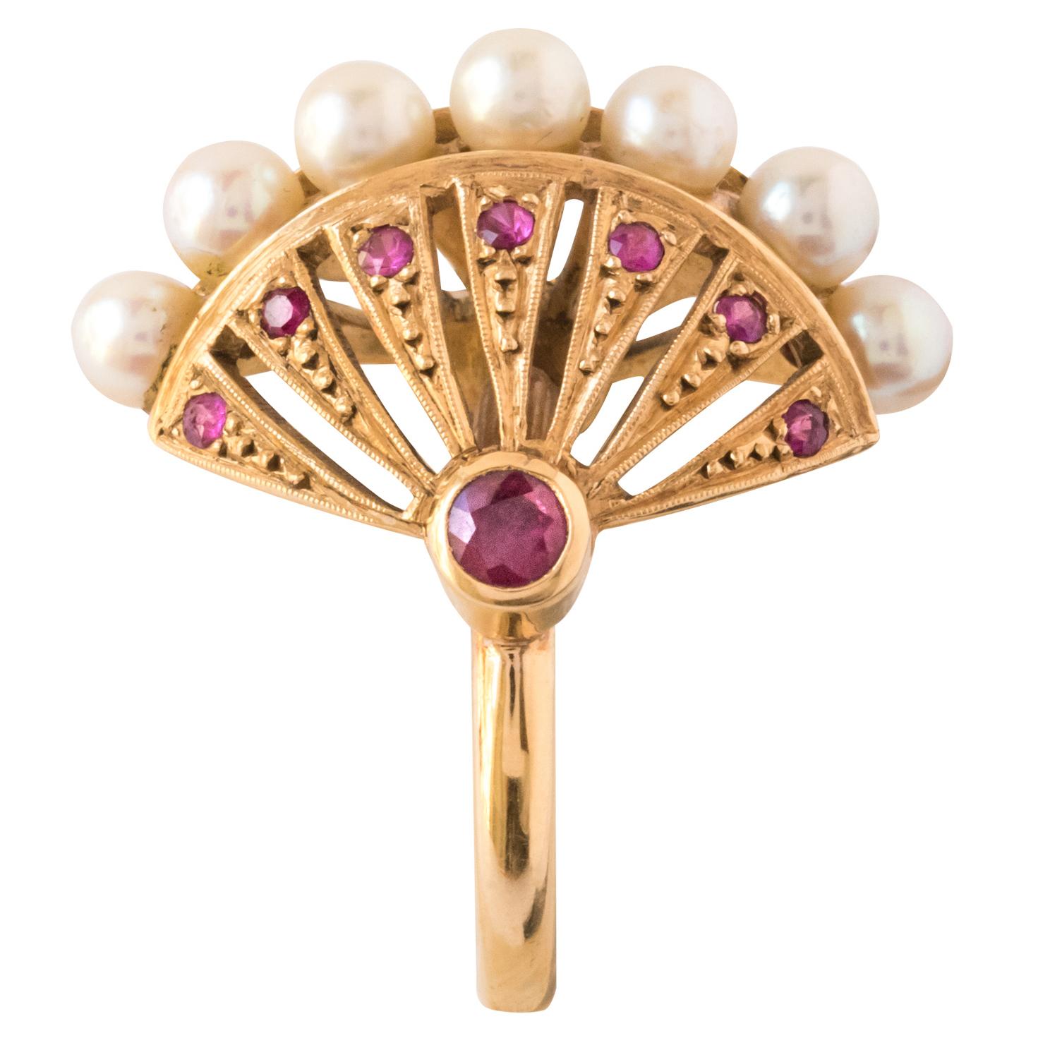 Ruby Pearl Gold Domed Ring