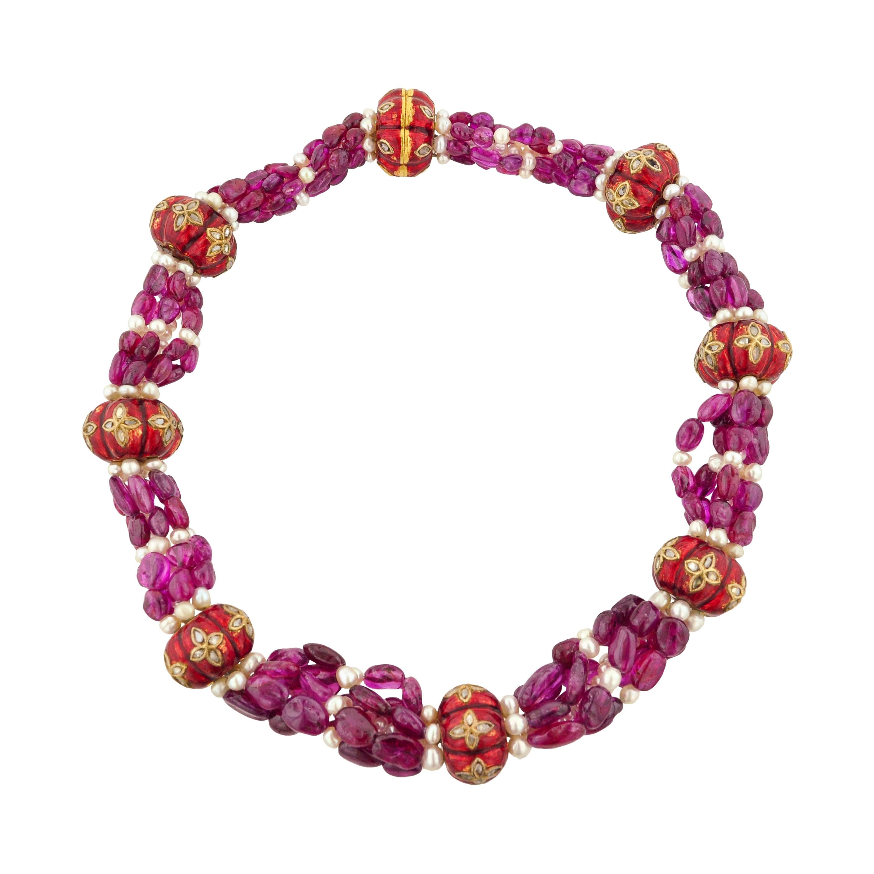 Ruby Pearl Indian Enamel Bead and Gold Necklace For Sale