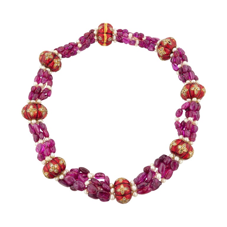 Ruby Pearl Indian Enamel Bead and Gold Necklace For Sale at 1stDibs