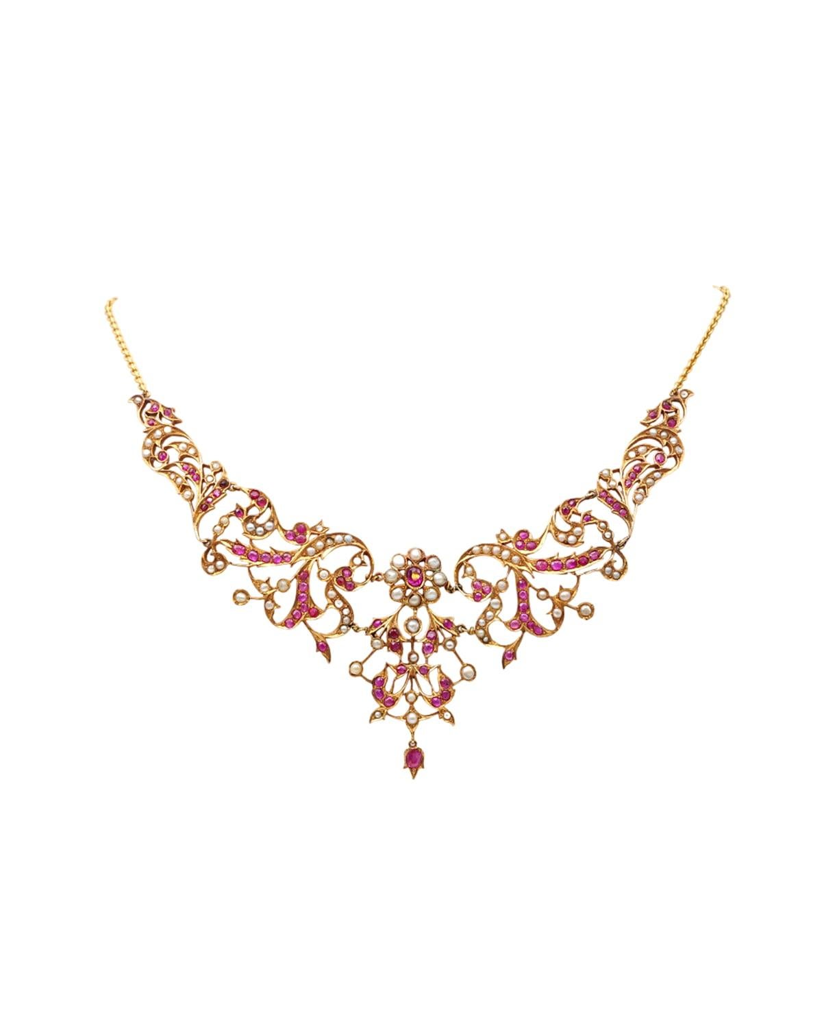 Anglo-indiano Collana di perle di rubino in oro 18 e 14 carati, rubini naturali, perle naturali in vendita