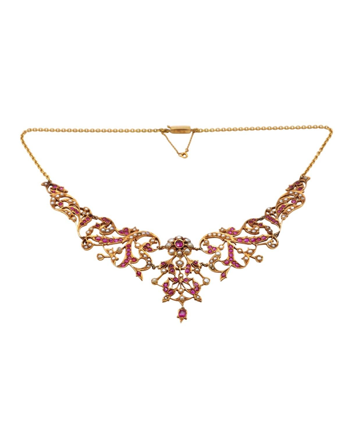Taglio rotondo Collana di perle di rubino in oro 18 e 14 carati, rubini naturali, perle naturali in vendita