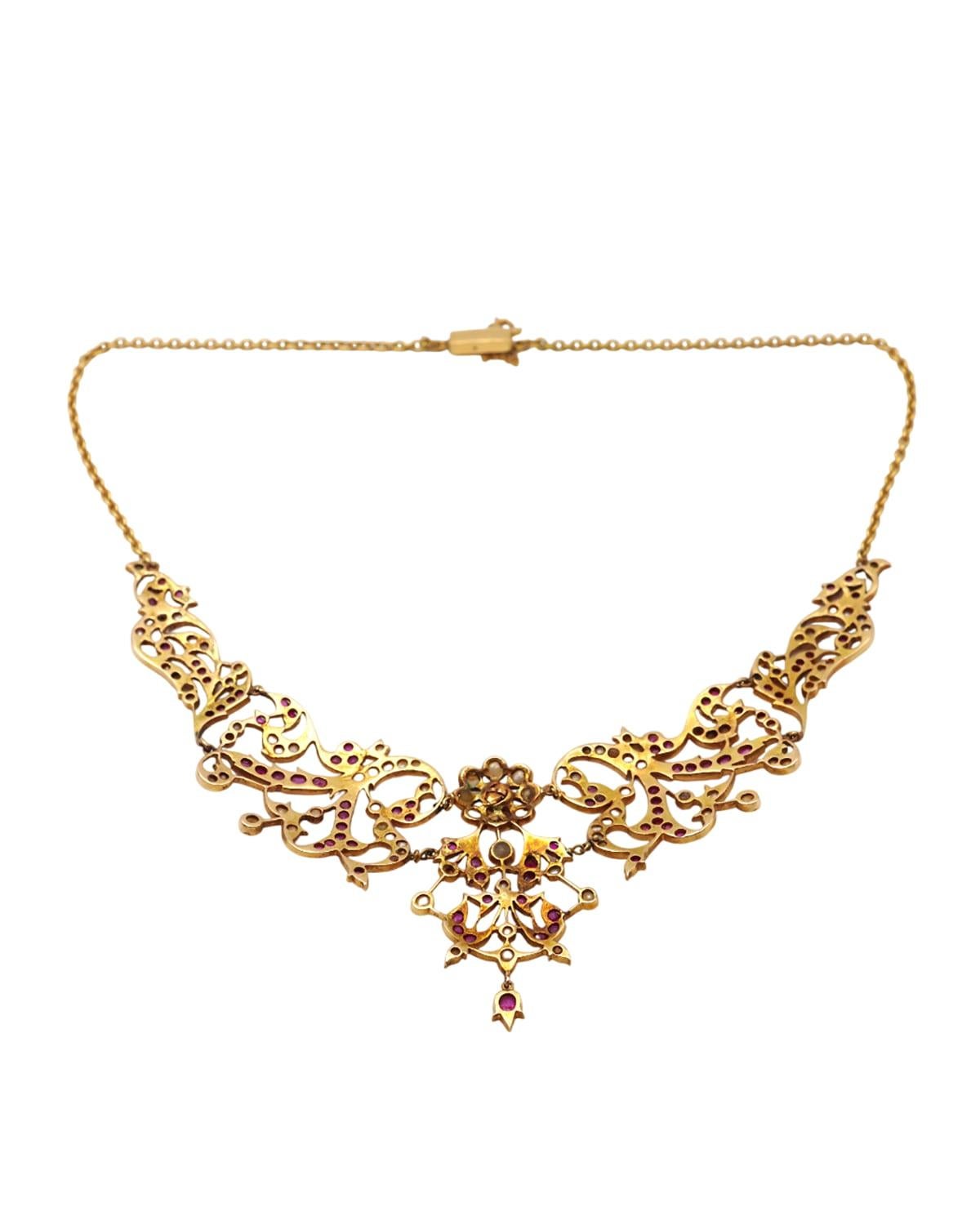 Collana di perle di rubino in oro 18 e 14 carati, rubini naturali, perle naturali In condizioni buone in vendita a PARIS, FR