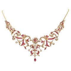 Ruby pearl necklace in 18k and 14k gold, natural rubies, natural pearls