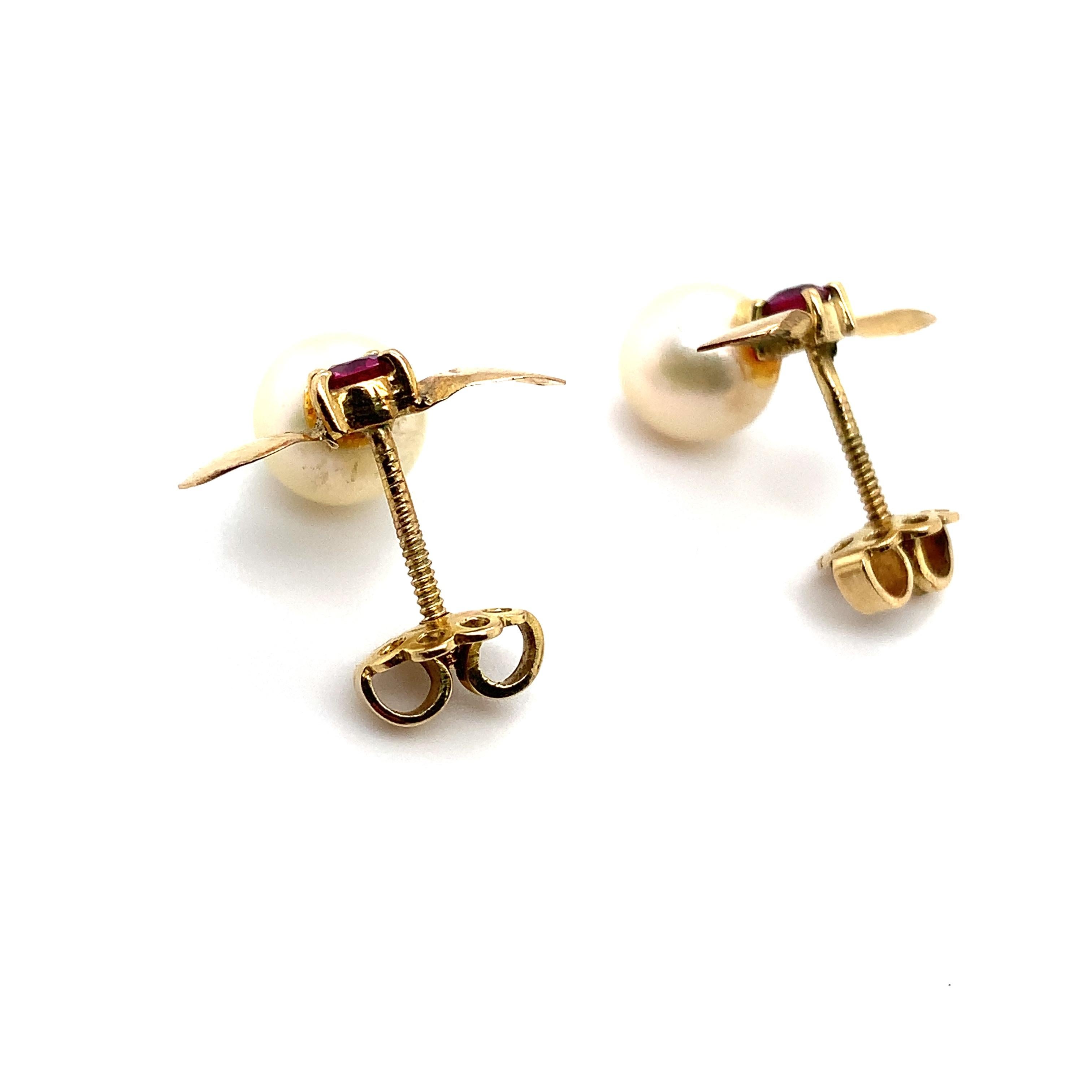 Ruby pearl studs earrings 18ct yellow gold For Sale 1