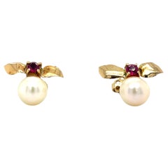 Pendientes perla rubí oro amarillo 18 ct