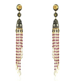Ruby & Pearl Tassel Earrings With Diamonds Made In 18k Yellow Gold & Silver