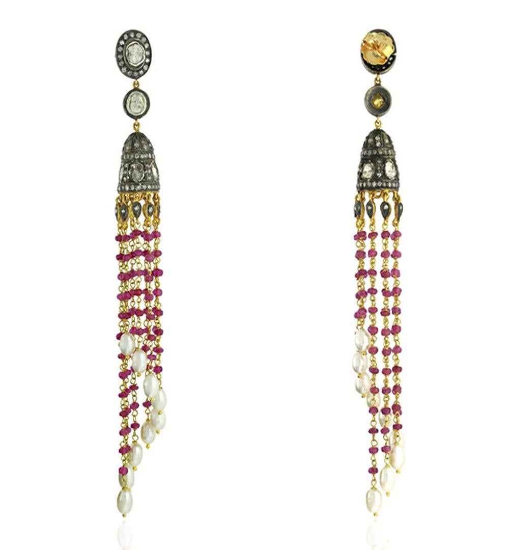 Artisan Ruby & Pearl Tassel Earrings With Diamonds Made In 18k Yellow Gold & Silver For Sale