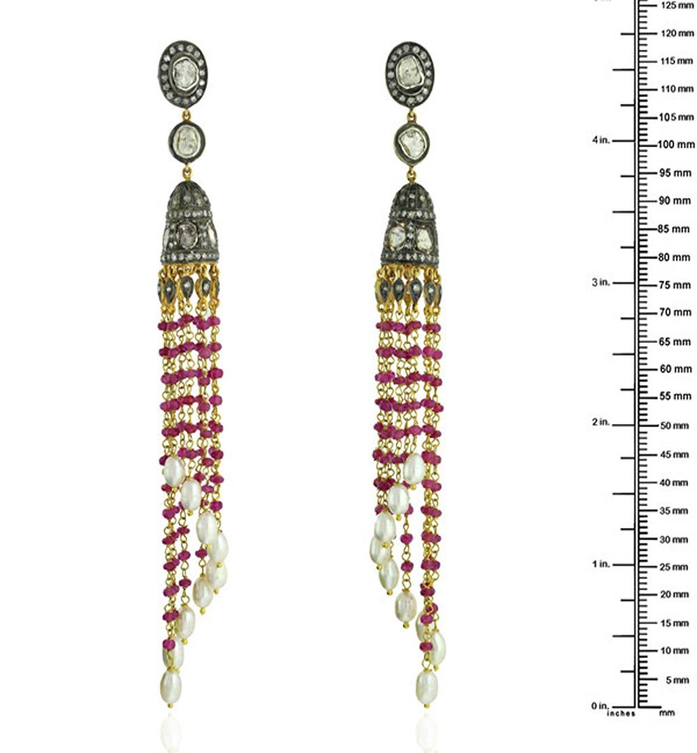 Mixed Cut Ruby & Pearl Tassel Earrings With Diamonds Made In 18k Yellow Gold & Silver For Sale