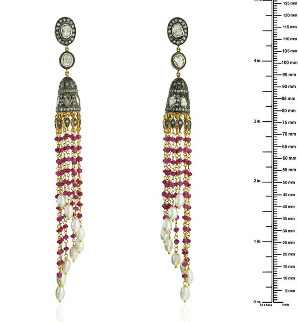 Ruby & Pearl Tassel Earrings With Diamonds Made In 18k Yellow Gold & Silver In New Condition For Sale In New York, NY