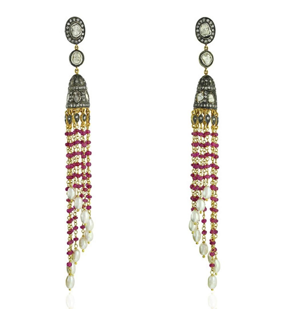 Women's Ruby & Pearl Tassel Earrings With Diamonds Made In 18k Yellow Gold & Silver For Sale
