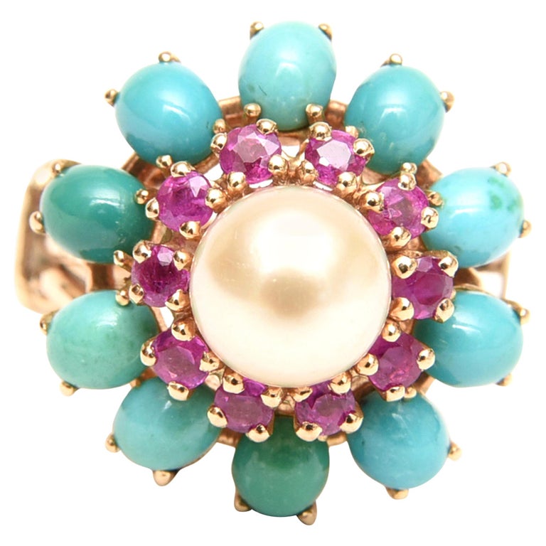 Ruby, Pearl, Turquoise and 14 Karat Yellow Gold Dome Cocktail Ring ...