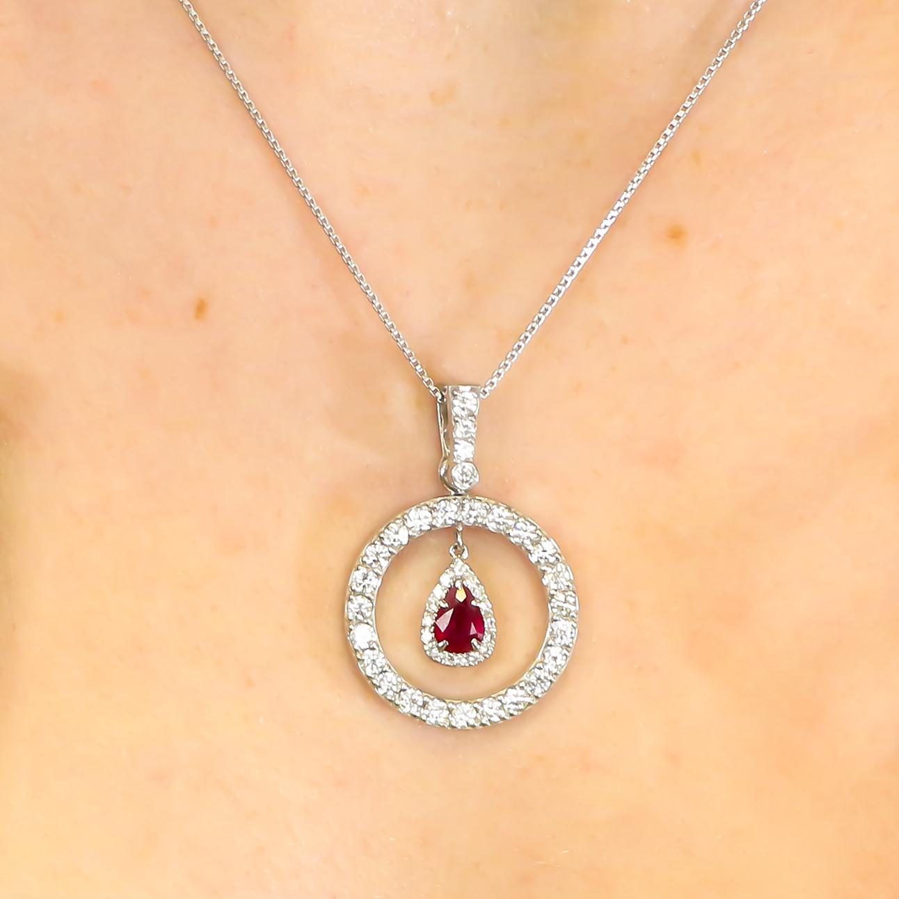 Ruby = 0.60 Carat

Diamonds = 1.50 Carats
( Color: F, Clarity: VS )

Metal: 18K White Gold

Jewelry Gift Box Included