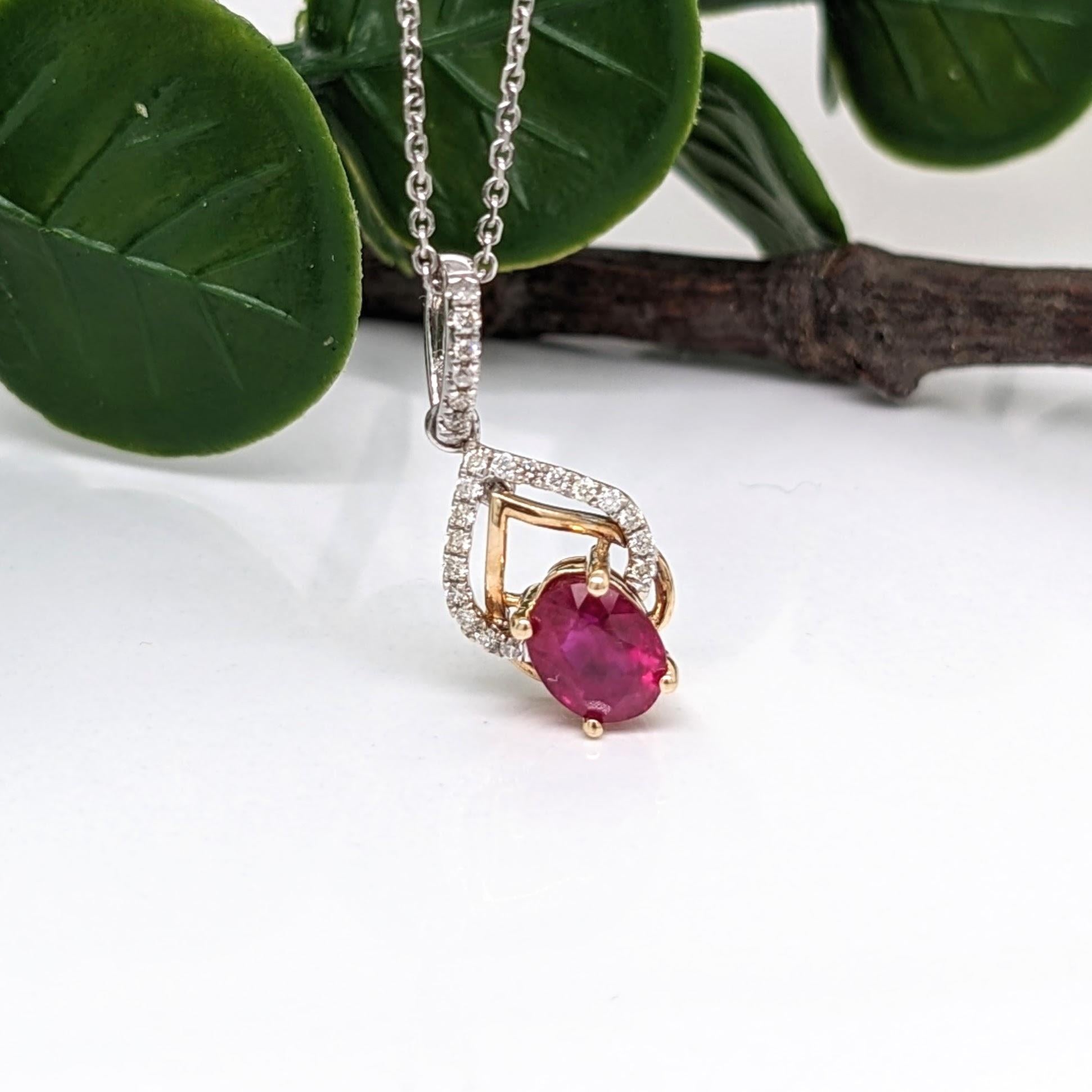 Modern Ruby Pendant w Earth Mined Diamonds in Solid 14K Dual Tone Gold Oval 6x4mm For Sale