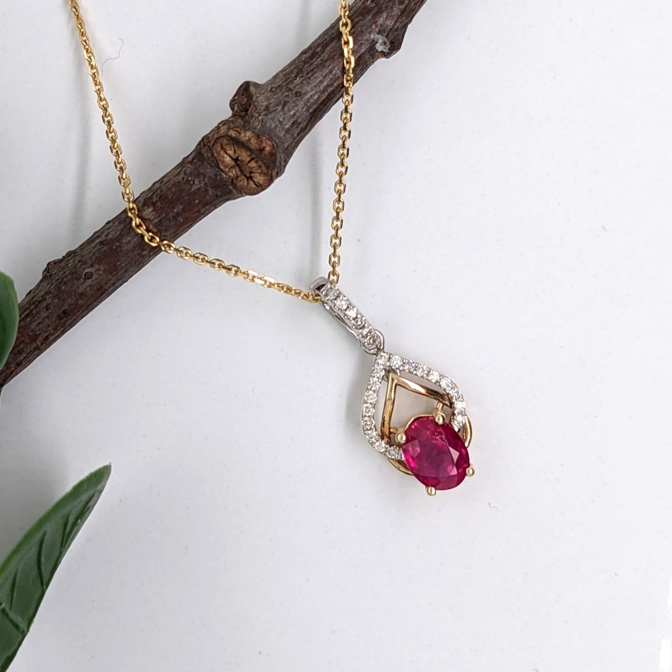 Oval Cut Ruby Pendant w Earth Mined Diamonds in Solid 14K Dual Tone Gold Oval 6x4mm For Sale