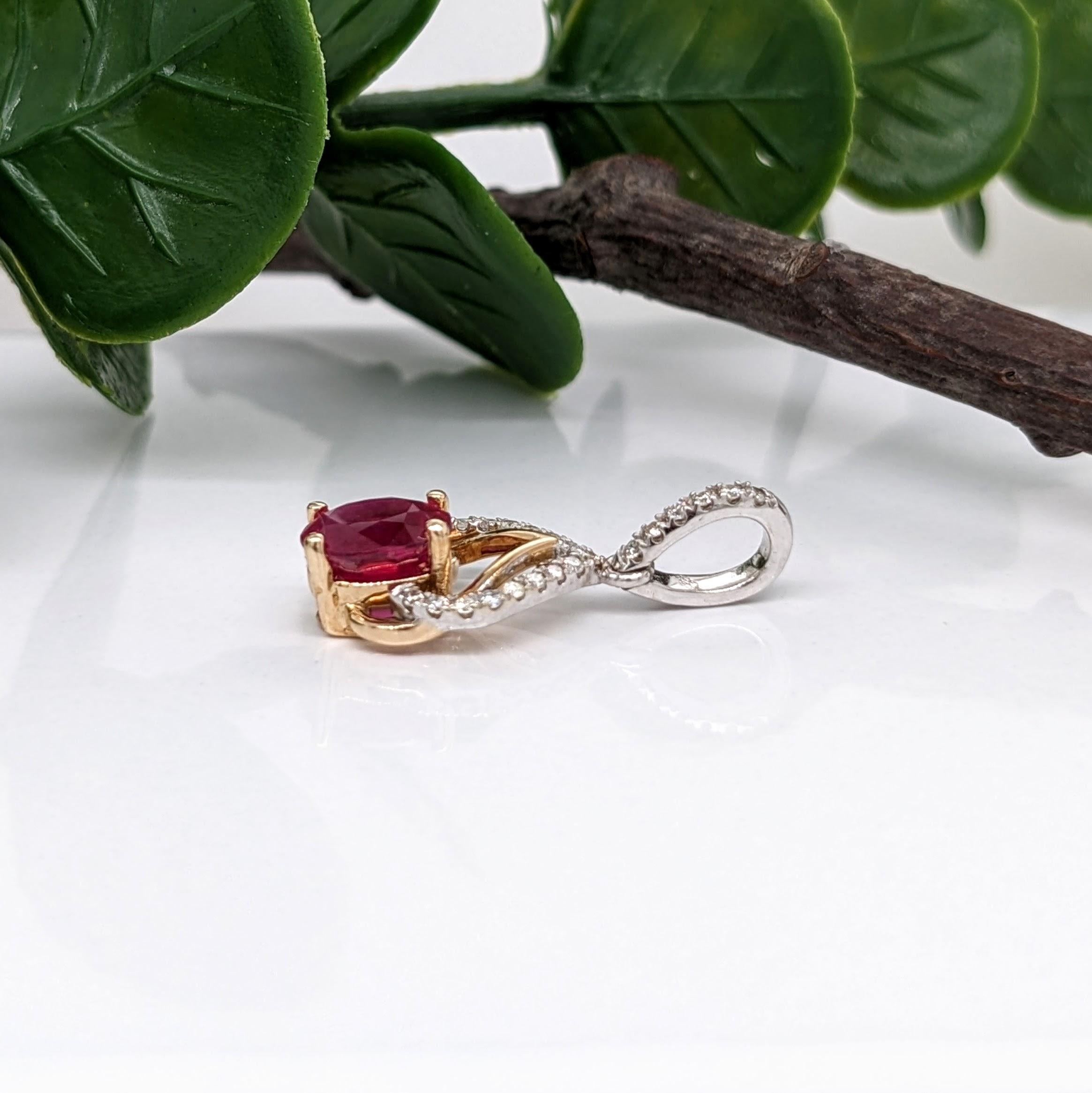 Women's Ruby Pendant w Earth Mined Diamonds in Solid 14K Dual Tone Gold Oval 6x4mm For Sale