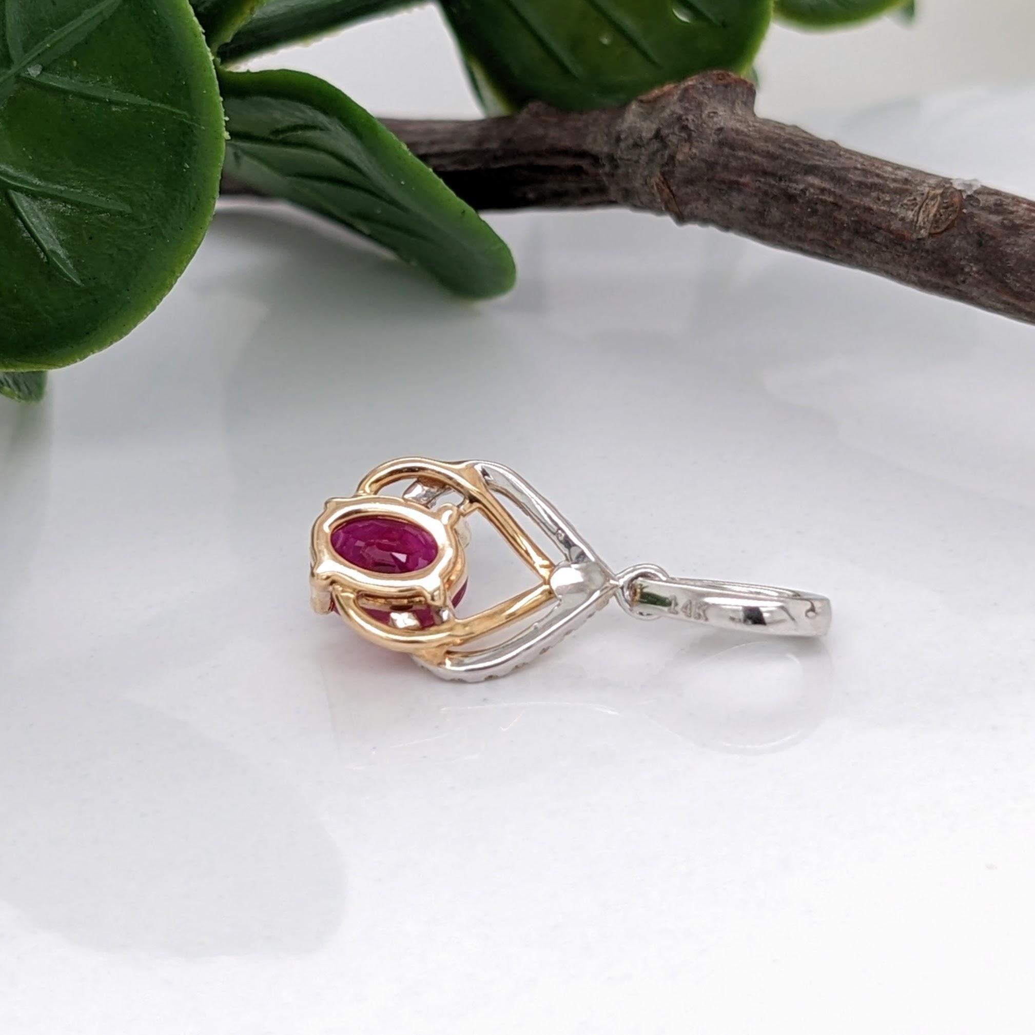 Ruby Pendant w Earth Mined Diamonds in Solid 14K Dual Tone Gold Oval 6x4mm For Sale 1