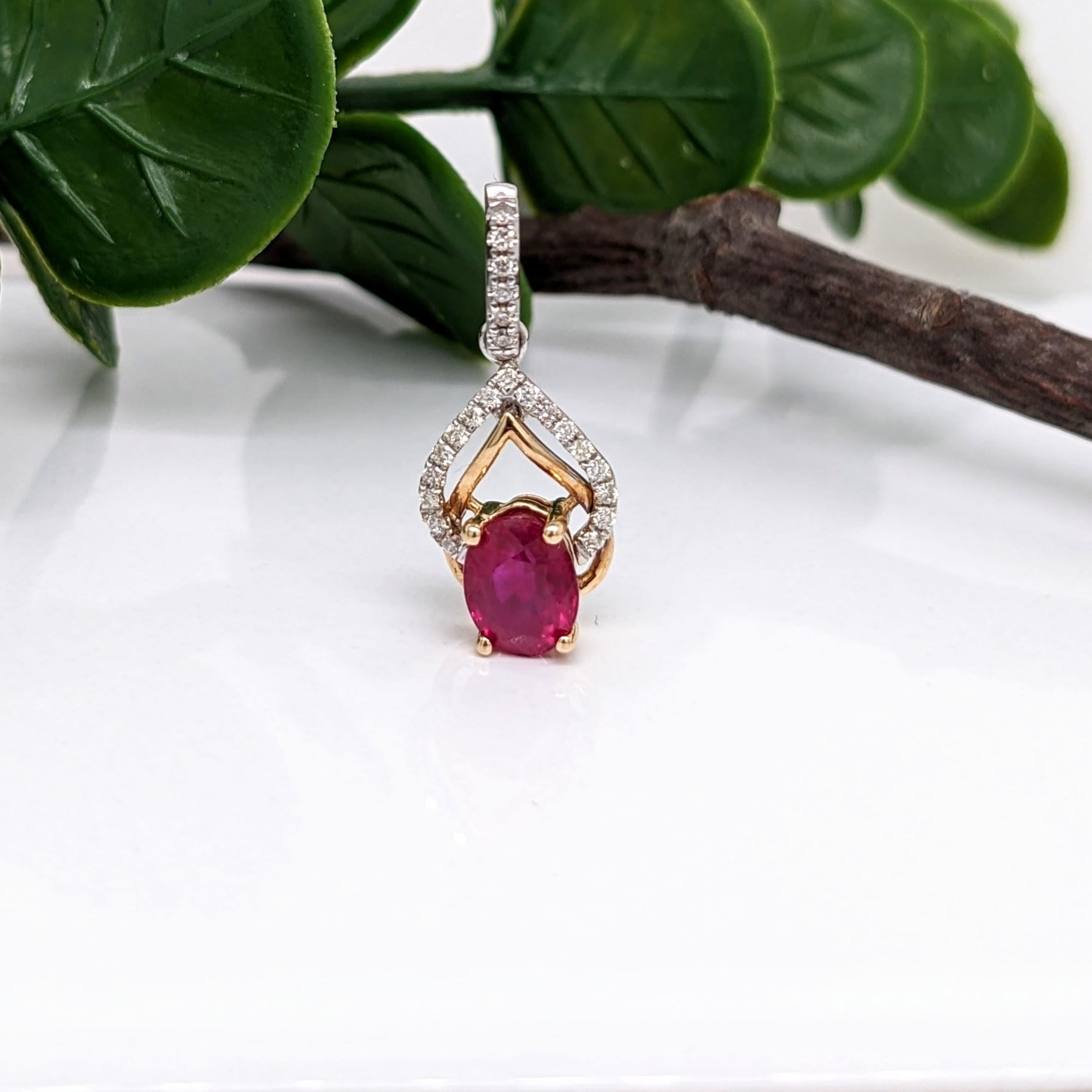 Ruby Pendant w Earth Mined Diamonds in Solid 14K Dual Tone Gold Oval 6x4mm For Sale 2