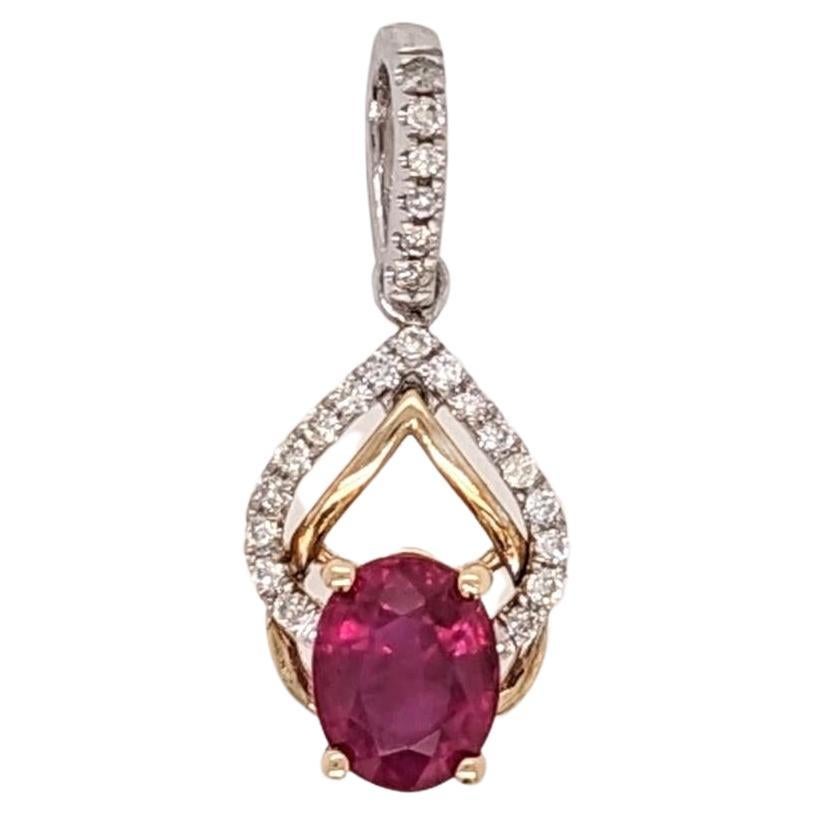 Ruby Pendant w Earth Mined Diamonds in Solid 14K Dual Tone Gold Oval 6x4mm For Sale