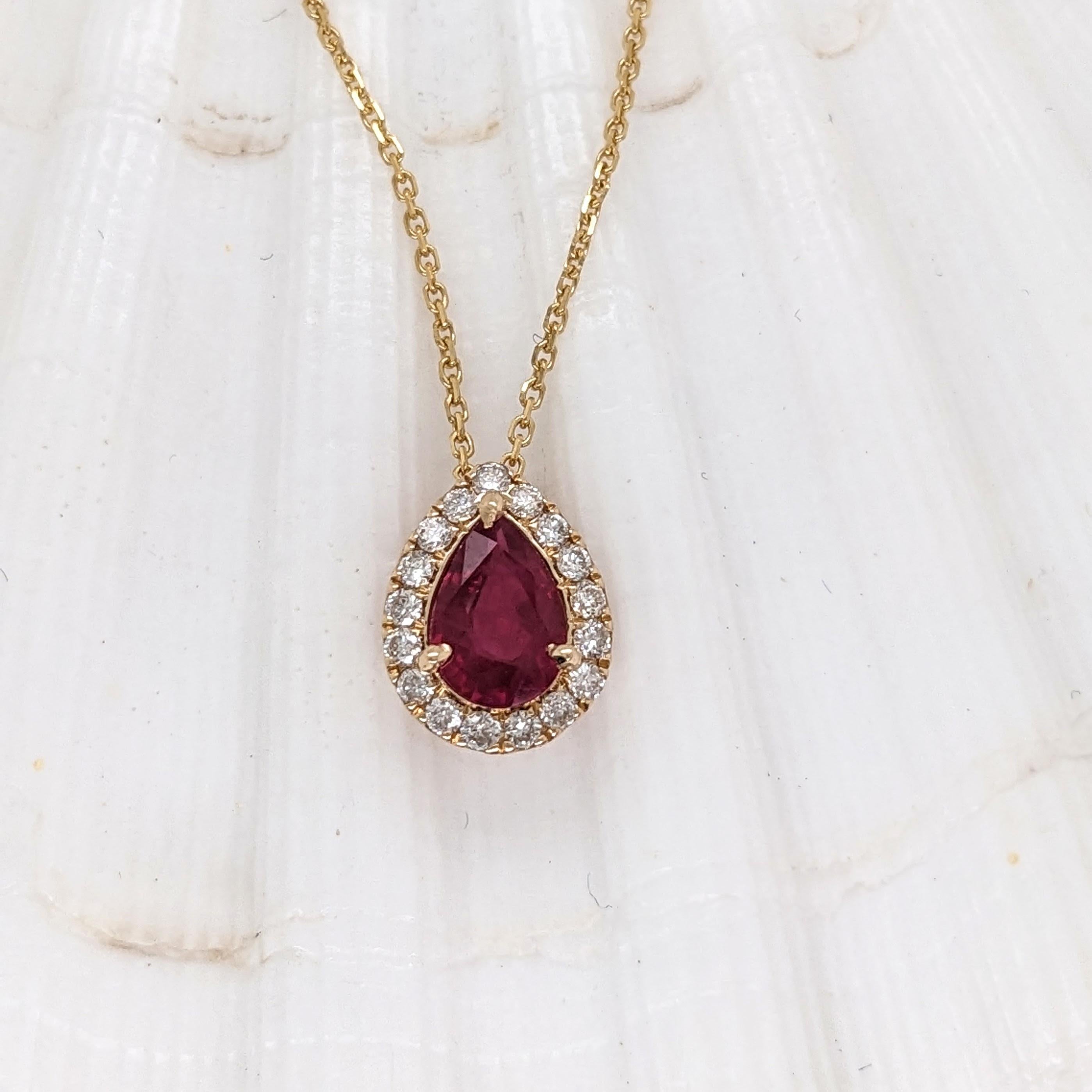 Modern Ruby Pendant w Earth Mined Diamonds in Solid 14K Yellow Gold Pear 7x5mm For Sale