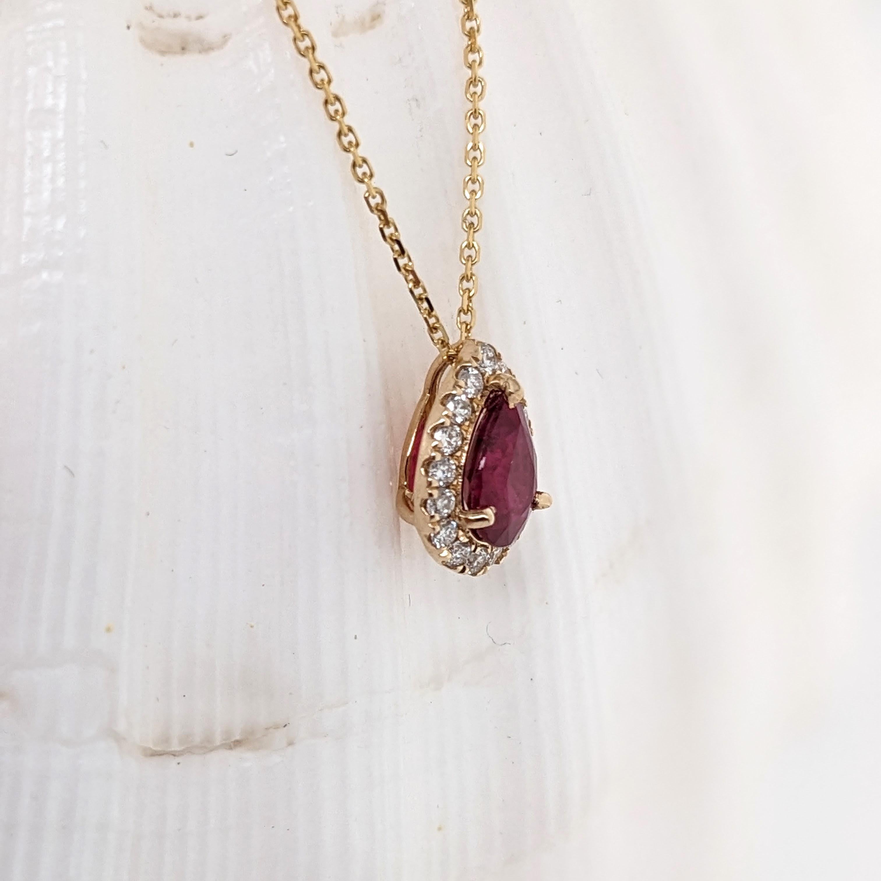 Pear Cut Ruby Pendant w Earth Mined Diamonds in Solid 14K Yellow Gold Pear 7x5mm For Sale