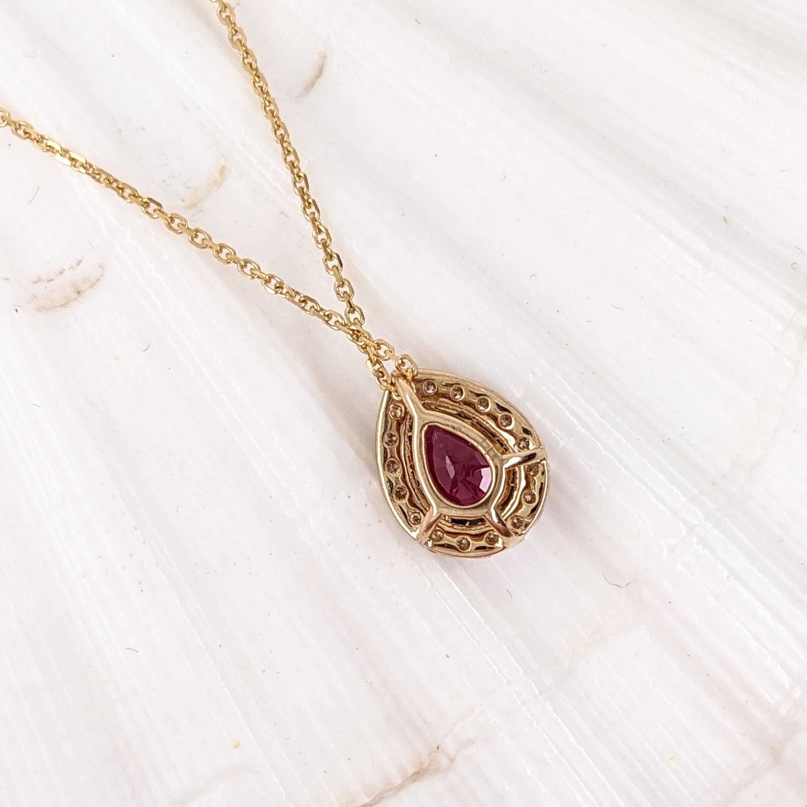 Women's Ruby Pendant w Earth Mined Diamonds in Solid 14K Yellow Gold Pear 7x5mm For Sale