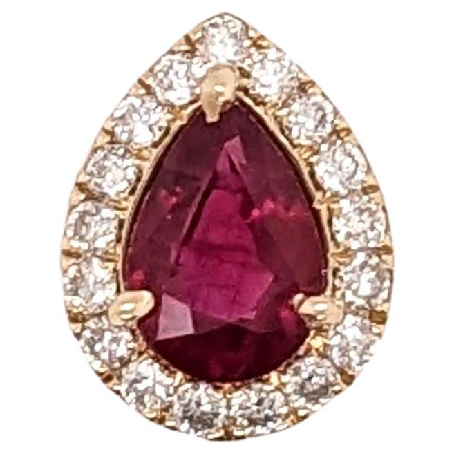 Ruby Pendant w Earth Mined Diamonds in Solid 14K Yellow Gold Pear 7x5mm For Sale