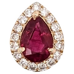 Ruby Pendant w Earth Mined Diamonds in Solid 14K Yellow Gold Pear 7x5mm