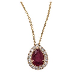 Ruby Pendant w Earth Mined Diamonds in Solid 14K Yellow Gold Pear 7x5mm