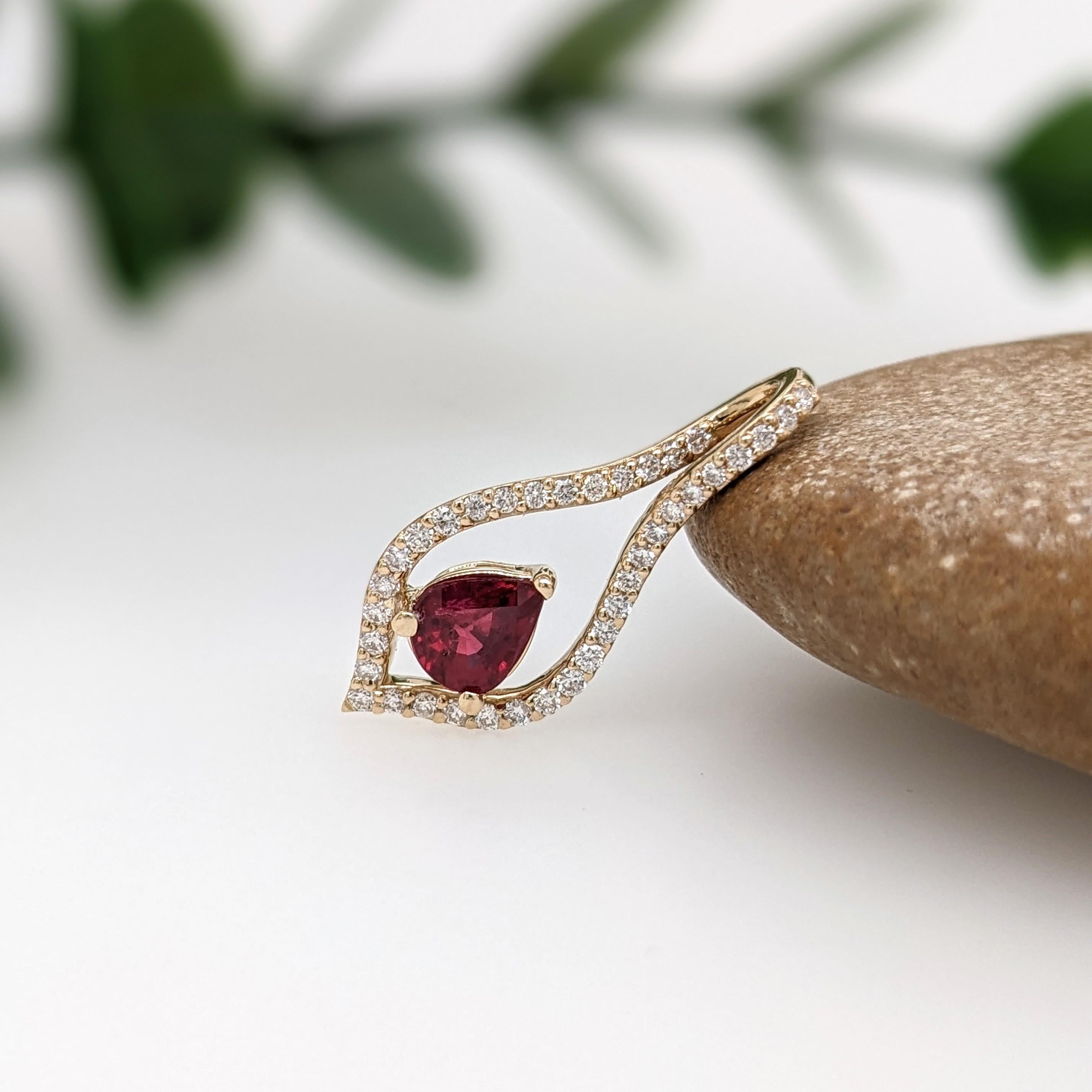 Modern Ruby Pendant w Natural Diamonds in Solid 14K Yellow Gold Pear Shape 6x5mm For Sale