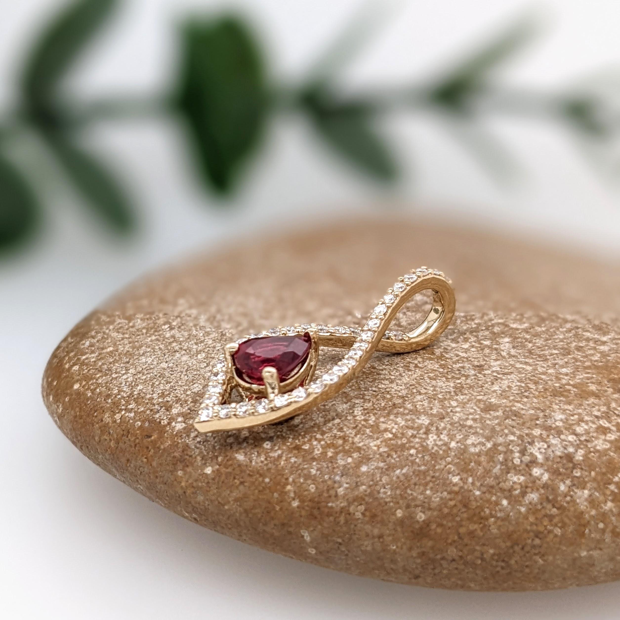 Ruby Pendant w Natural Diamonds in Solid 14K Yellow Gold Pear Shape 6x5mm In New Condition For Sale In Columbus, OH