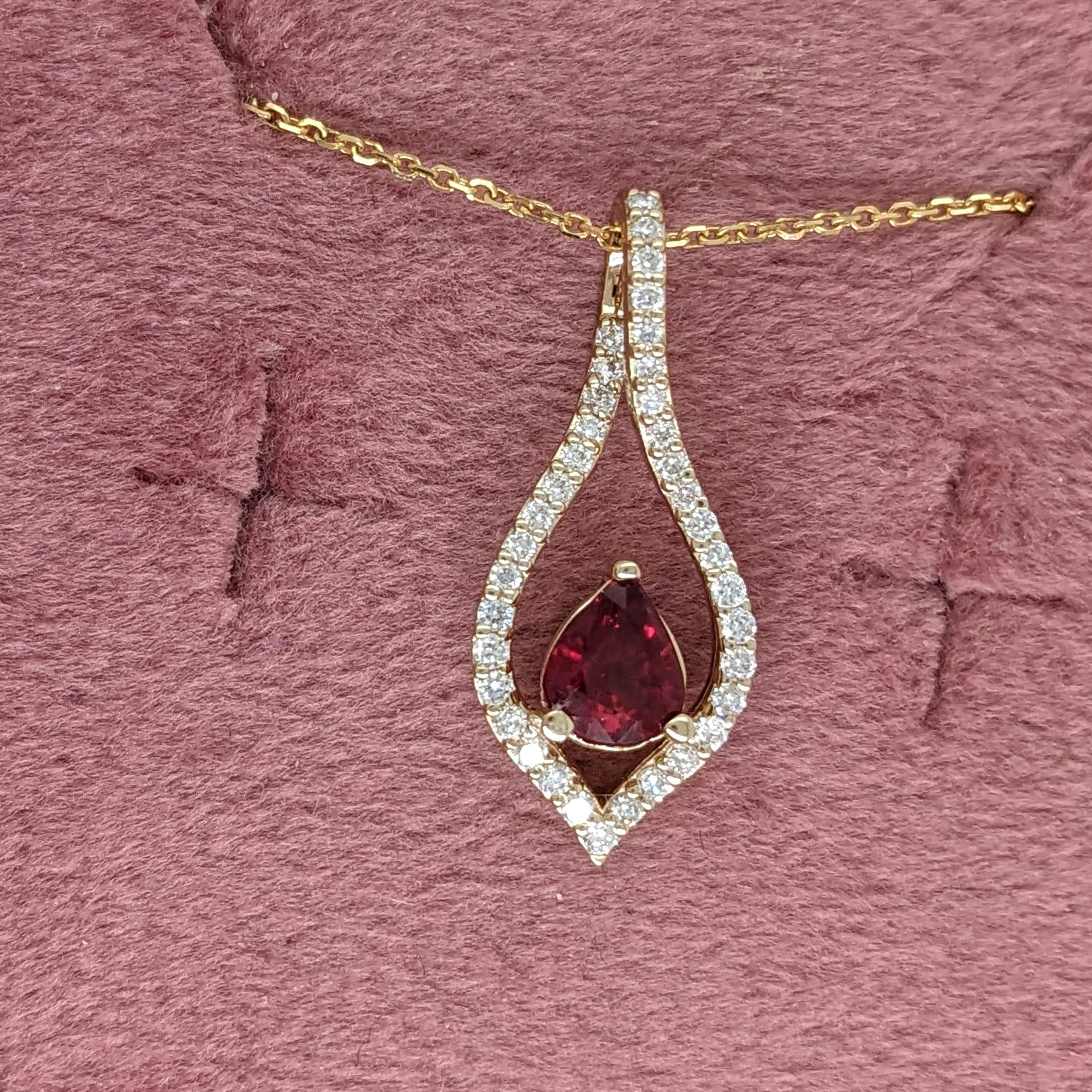 Ruby Pendant w Natural Diamonds in Solid 14K Yellow Gold Pear Shape 6x5mm For Sale 2