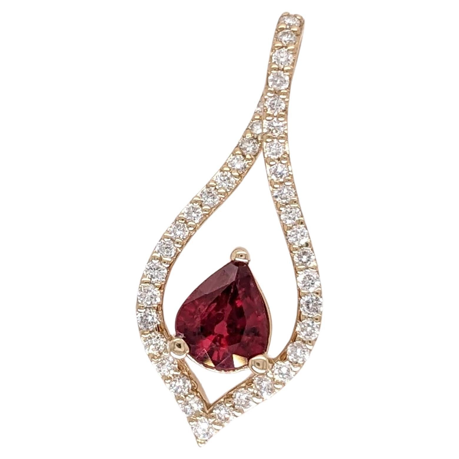 Ruby Pendant w Natural Diamonds in Solid 14K Yellow Gold Pear Shape 6x5mm For Sale