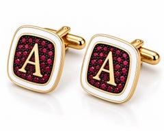 Boutons de manchette personnalisés « Ruby » avec initiale, émail blanc, or 14 carats, par Meghna Jewels