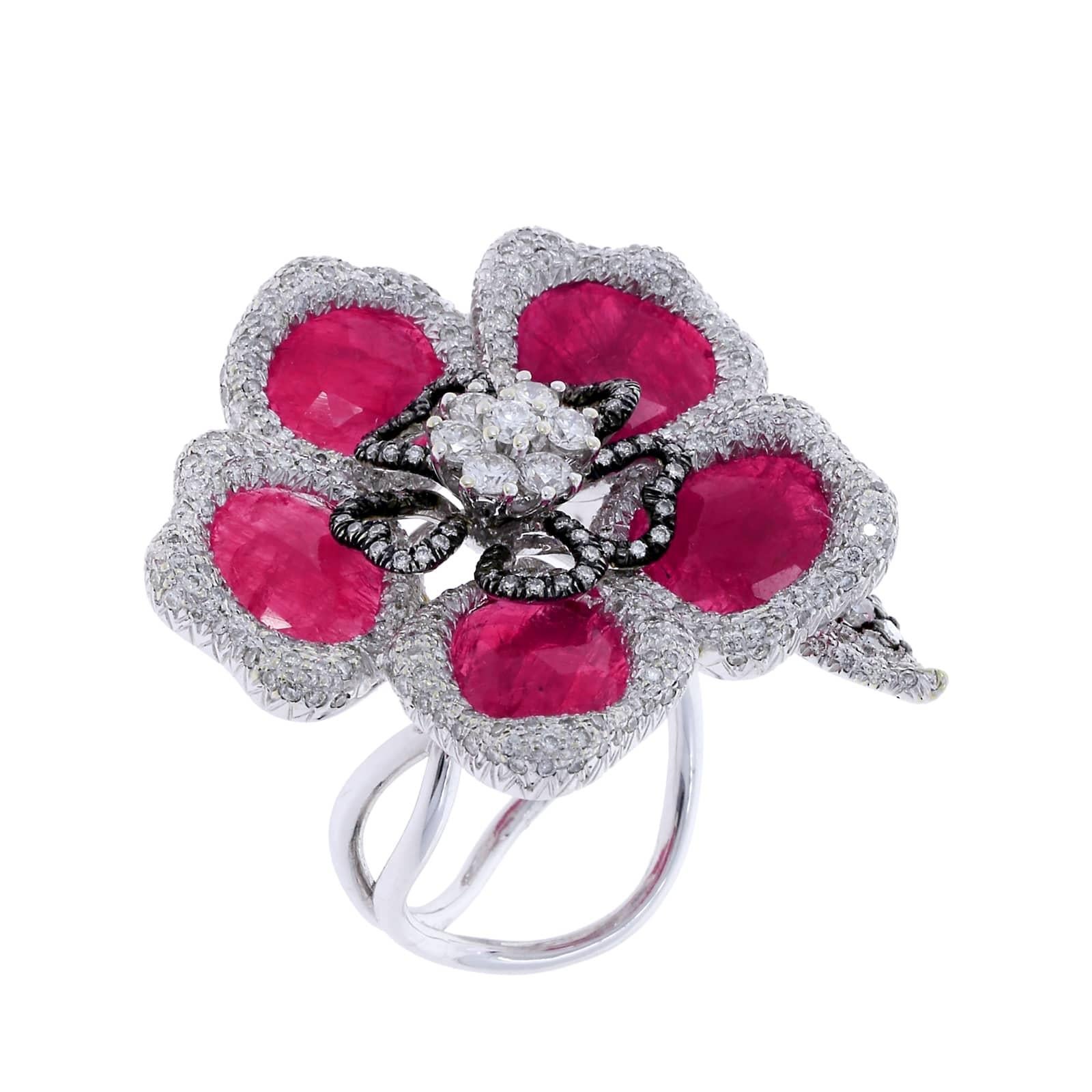 Women's or Men's Ruby Petals and Diamond Floral Ring
