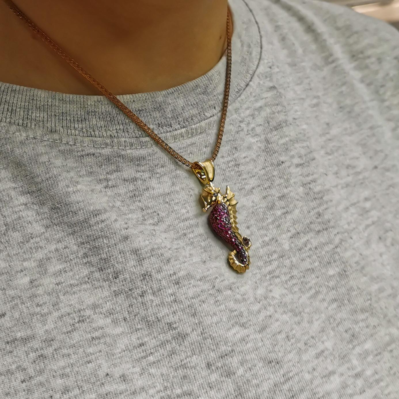 Ruby Pink Blue Sapphires 18 Karat Yellow Black Gold Sea Horse Pendant 3