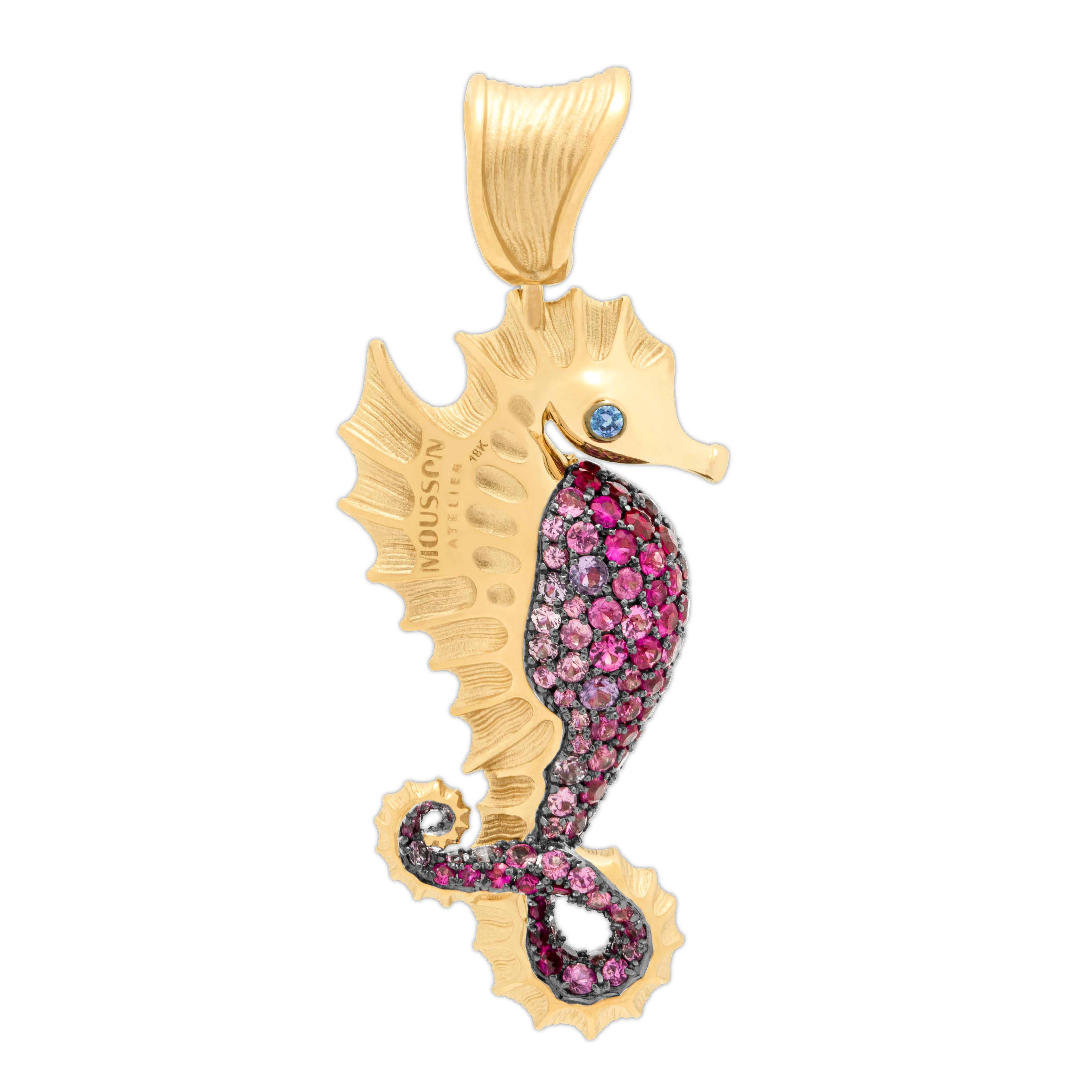 Ruby Pink Blue Sapphires 18 Karat Yellow Black Gold Sea Horse Pendant
Our Eden Collection has a new member - the Seahorse Pendant. Texture of the 18 Karat Yellow Gold closely follows the appearance of the Seahorse with its many spines and skin