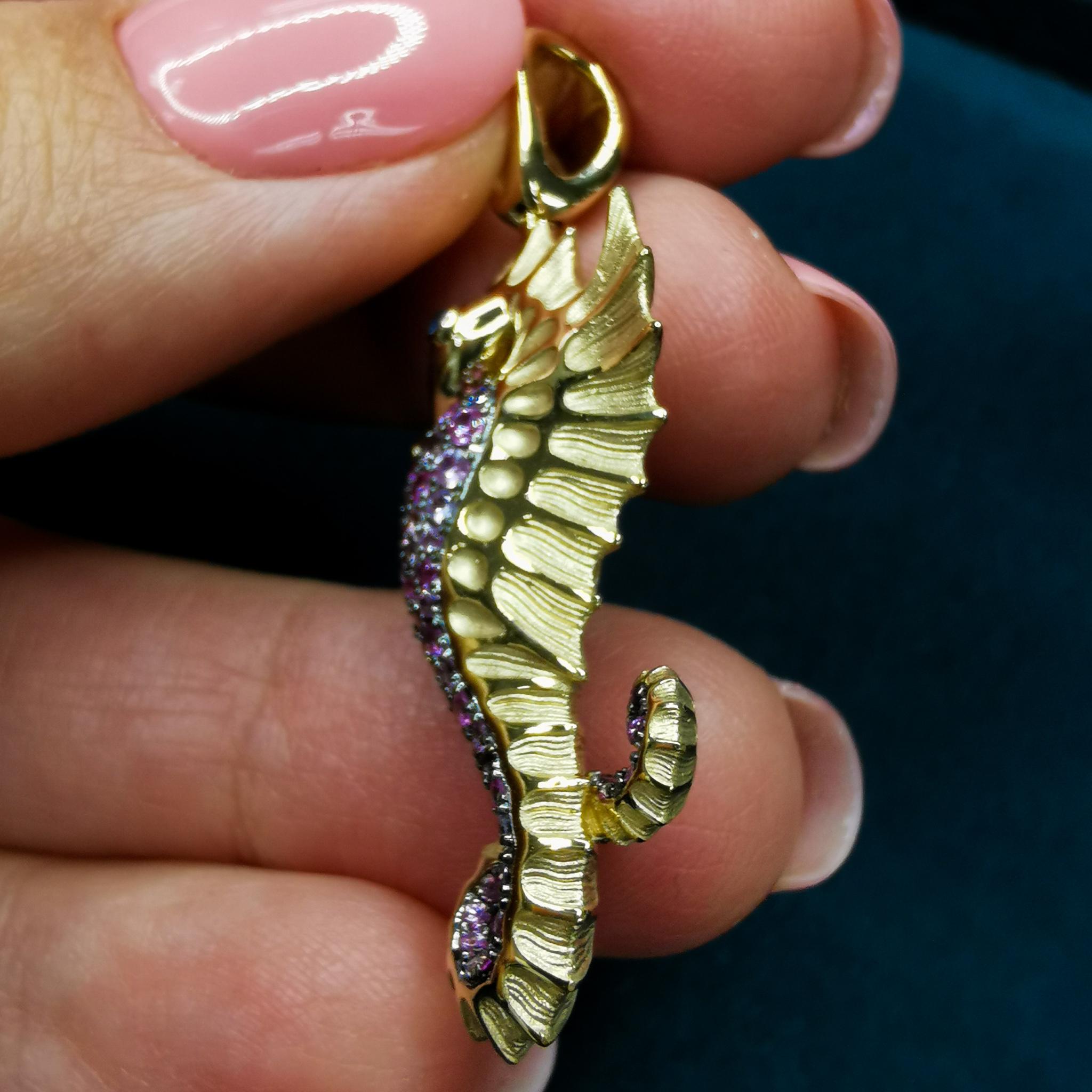 Contemporary Ruby Pink Blue Sapphires 18 Karat Yellow Black Gold Sea Horse Pendant For Sale