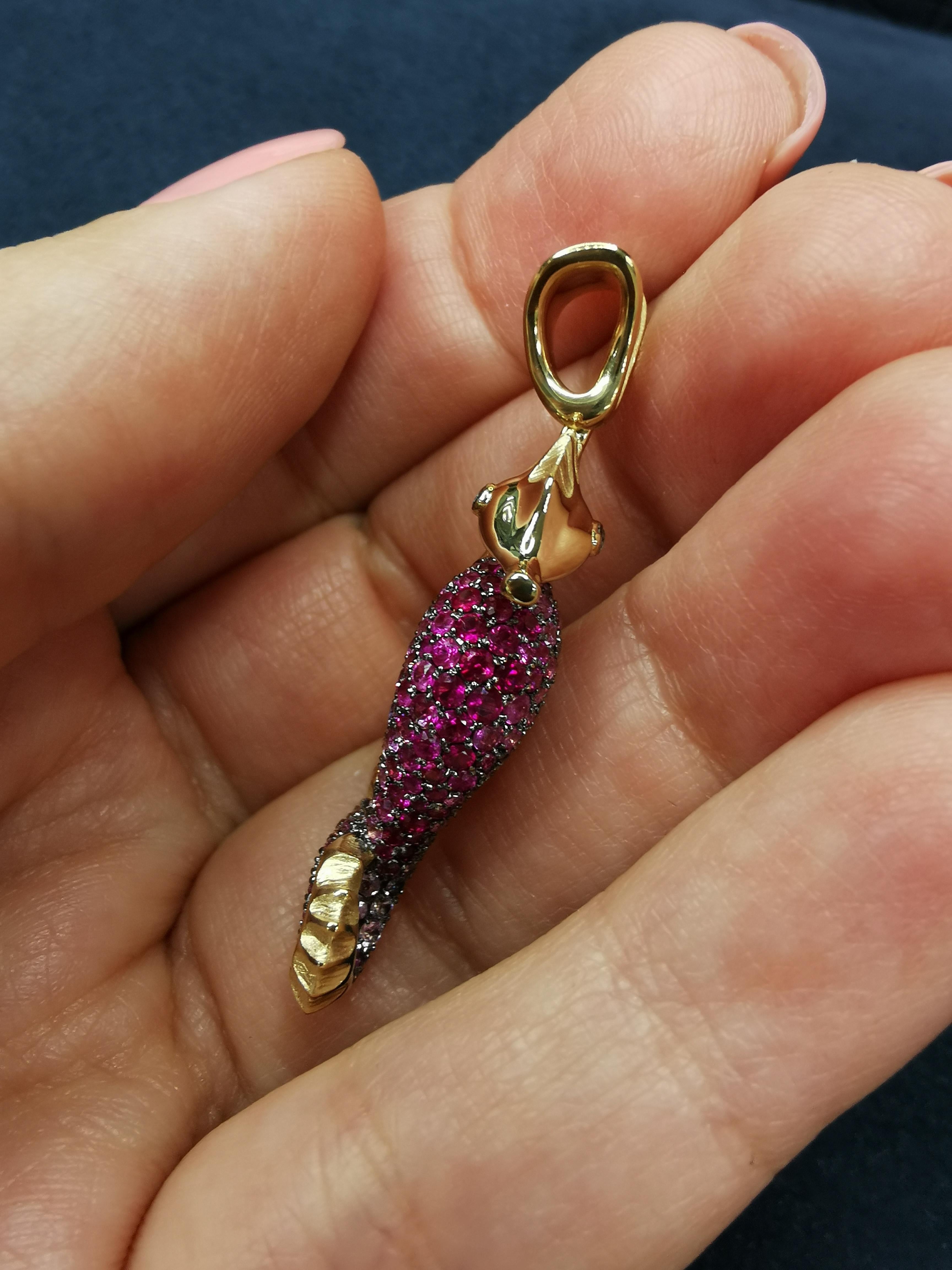Women's Ruby Pink Blue Sapphires 18 Karat Yellow Black Gold Sea Horse Pendant For Sale