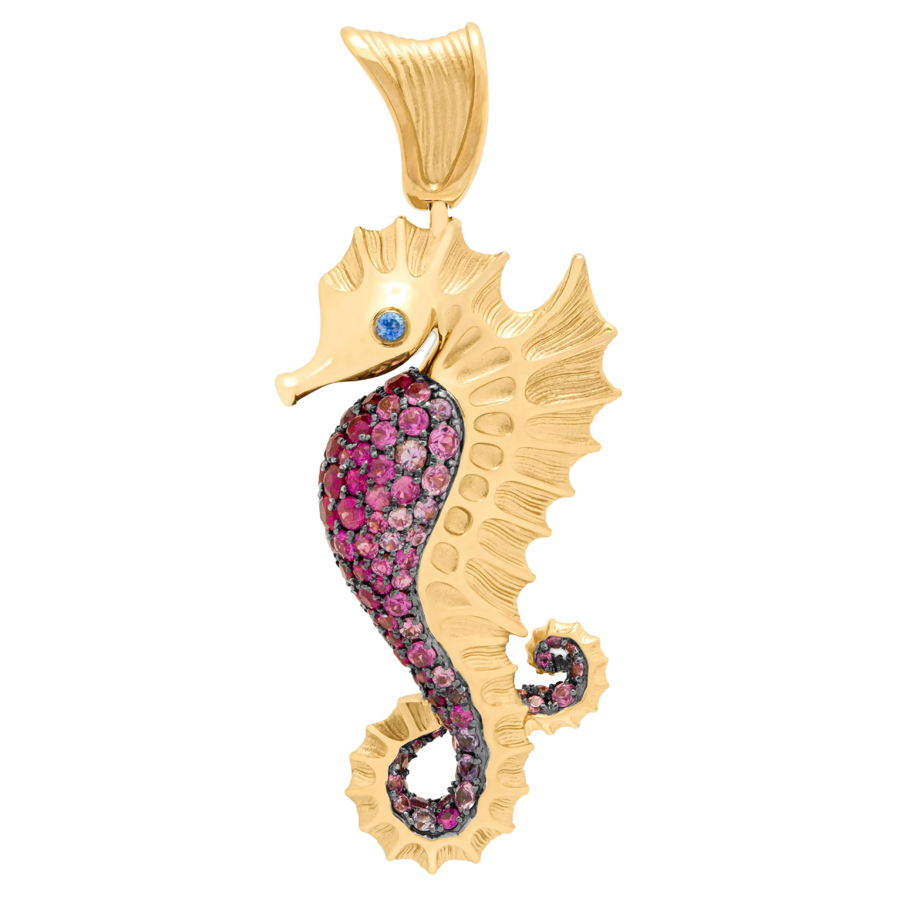 Ruby Pink Blue Sapphires 18 Karat Yellow Black Gold Sea Horse Pendant For Sale