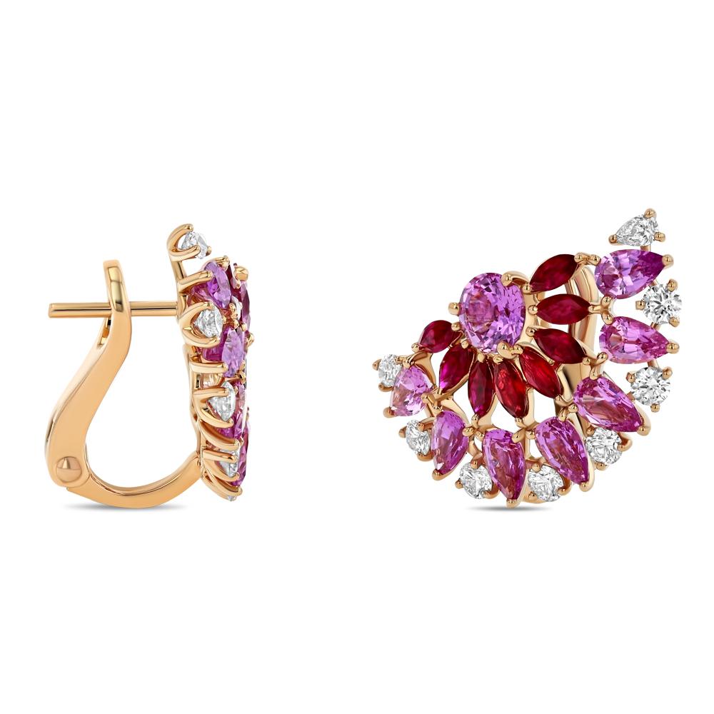 Modern Ruby, Pink Sapphire, and Diamond Earrings For Sale