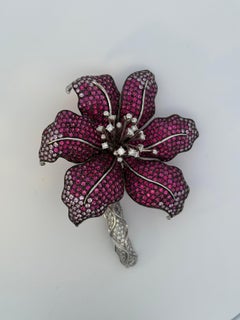 Ruby, Pink Sapphire & Diamond Orchid Brooch in 18 Karat White Gold