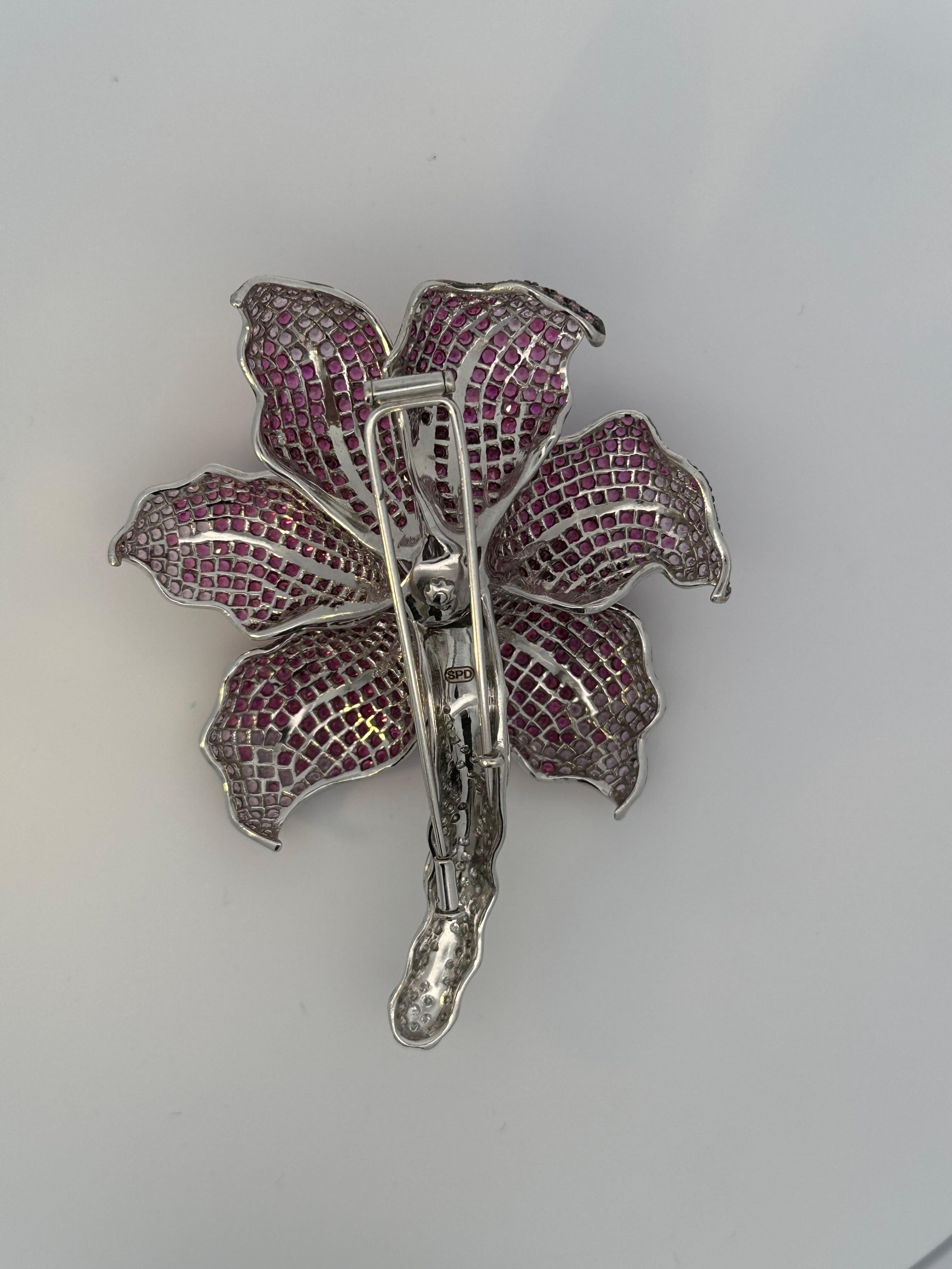 Round Cut Ruby, Pink Sapphire & Diamond Orchid Brooch in 18 Karat White Gold For Sale
