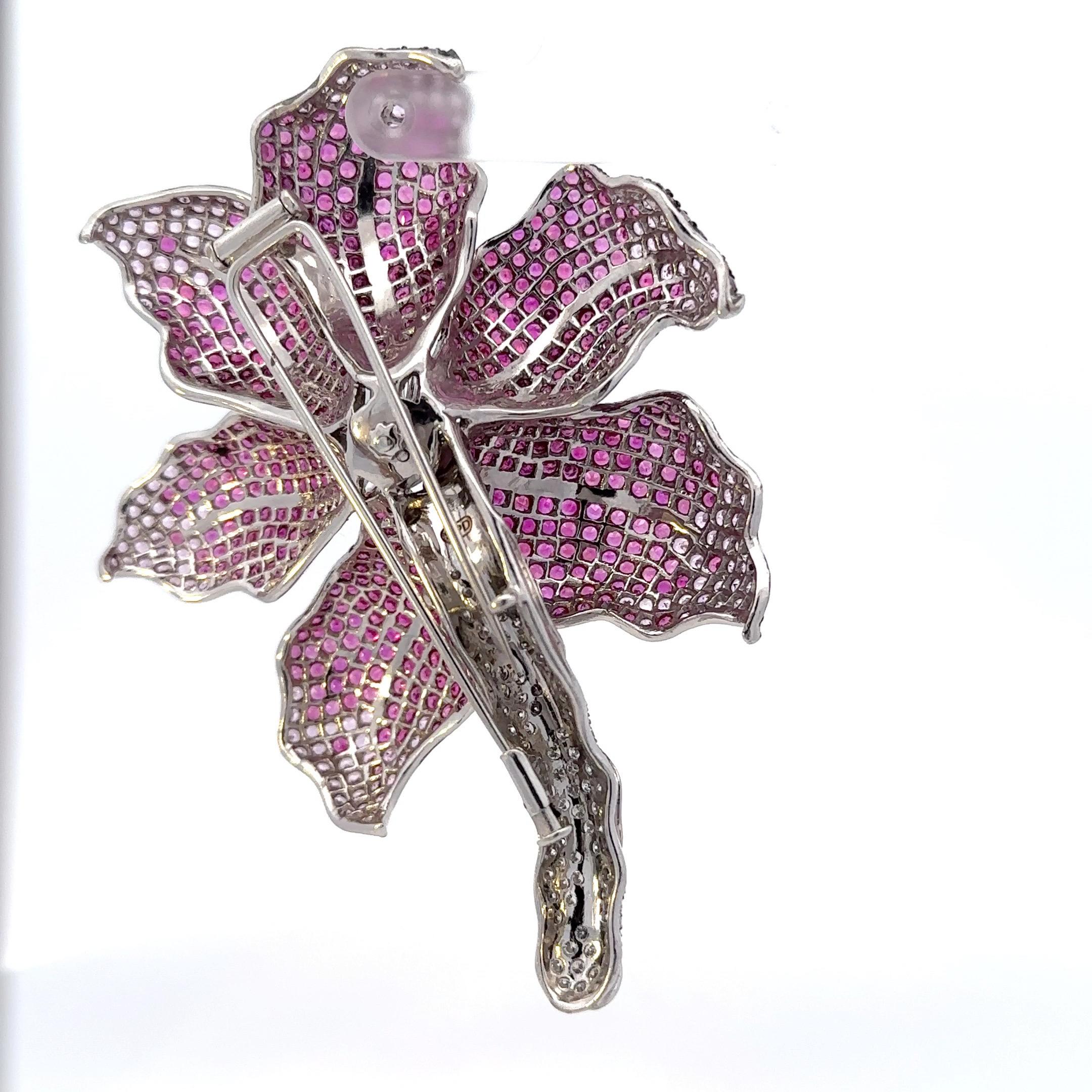 Women's Ruby, Pink Sapphire & Diamond Orchid Brooch in 18 Karat White Gold For Sale