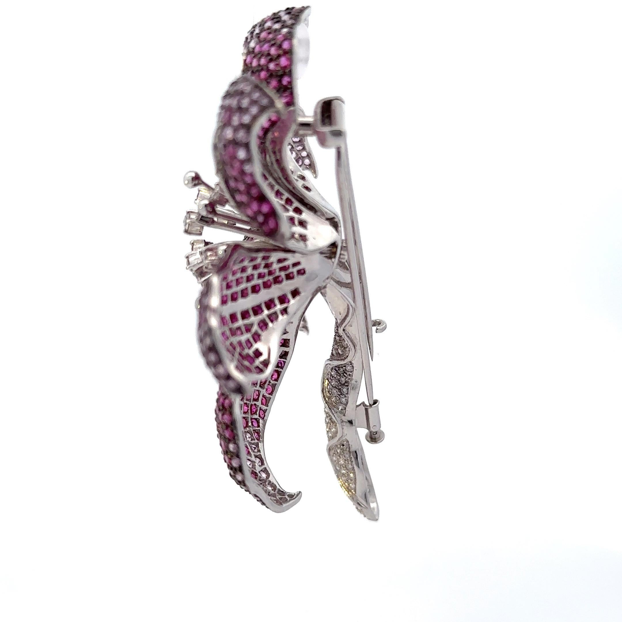 Ruby, Pink Sapphire & Diamond Orchid Brooch in 18 Karat White Gold For Sale 1