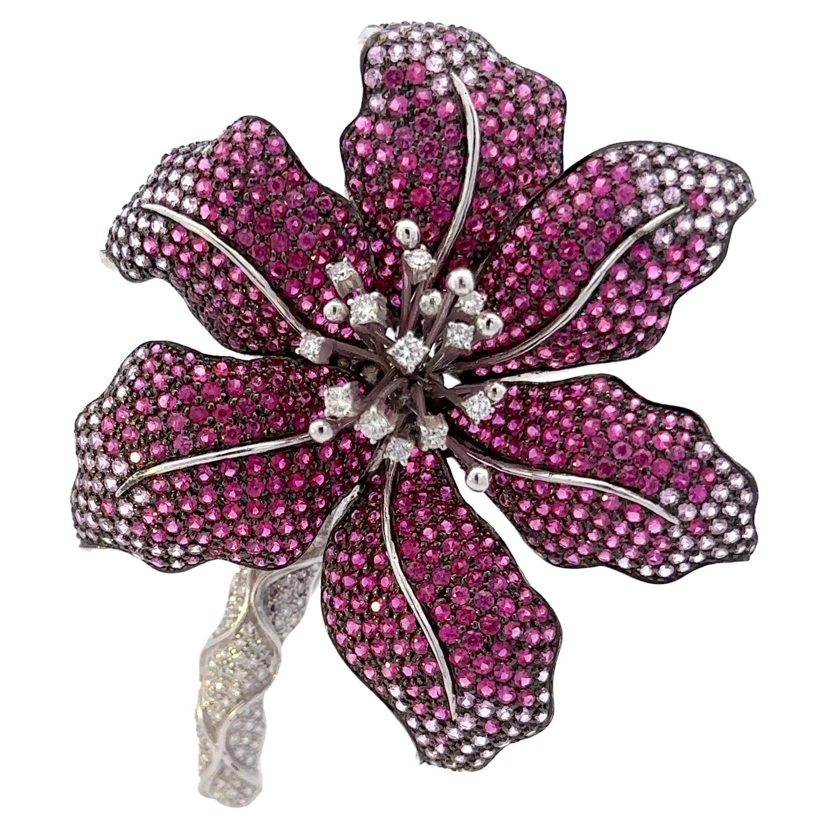 Ruby, Pink Sapphire & Diamond Orchid Brooch in 18 Karat White Gold For Sale