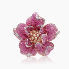 Ruby Pink Sapphire & Diamond Pave Set 18K Rose Gold Lilly Flower Ring