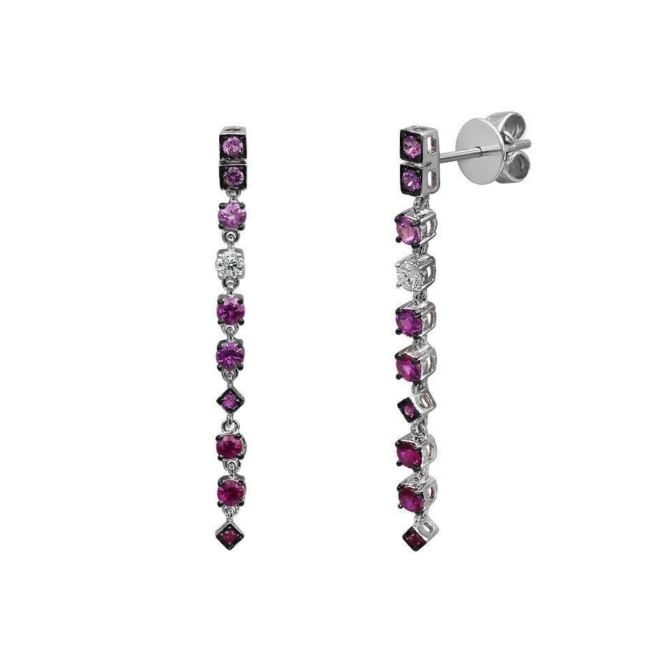 Antique Cushion Cut Ruby Pink Sapphire Diamond White Gold Earrings For Sale